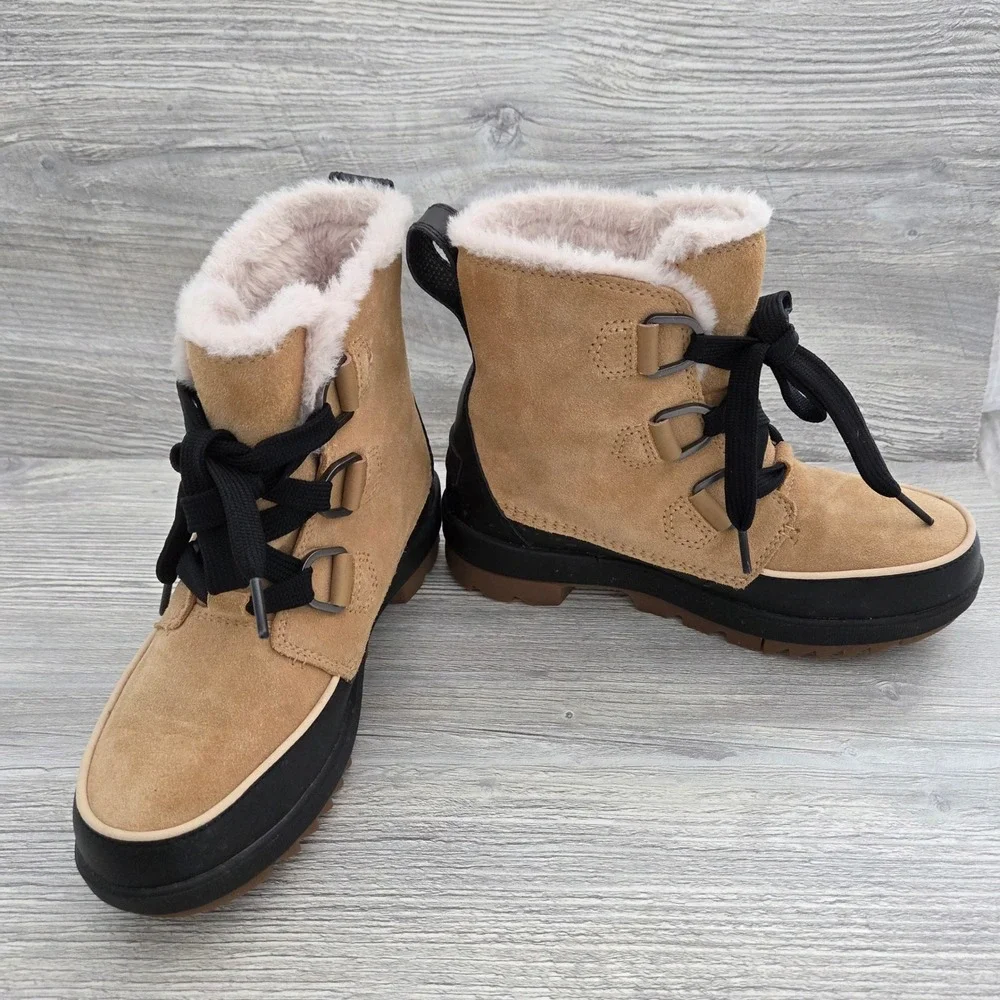 Sorel Tivoli IV Waterproof Winter Boots Tan Black Faux Fur Womens 6.5